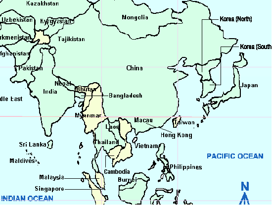 Χάρτης της Ιαπωνίας, Χονγκ Κονγκ, Ινδίας, Μπαγκλαντές, Ταϊλάνδης, Φιλιππίνων και Σινγκαπούρης